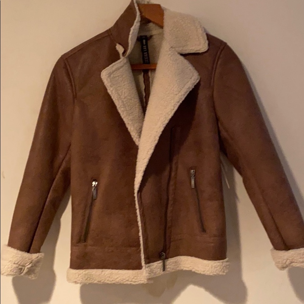 Brown (faux) Shearling Moto Bomber-type Jacket